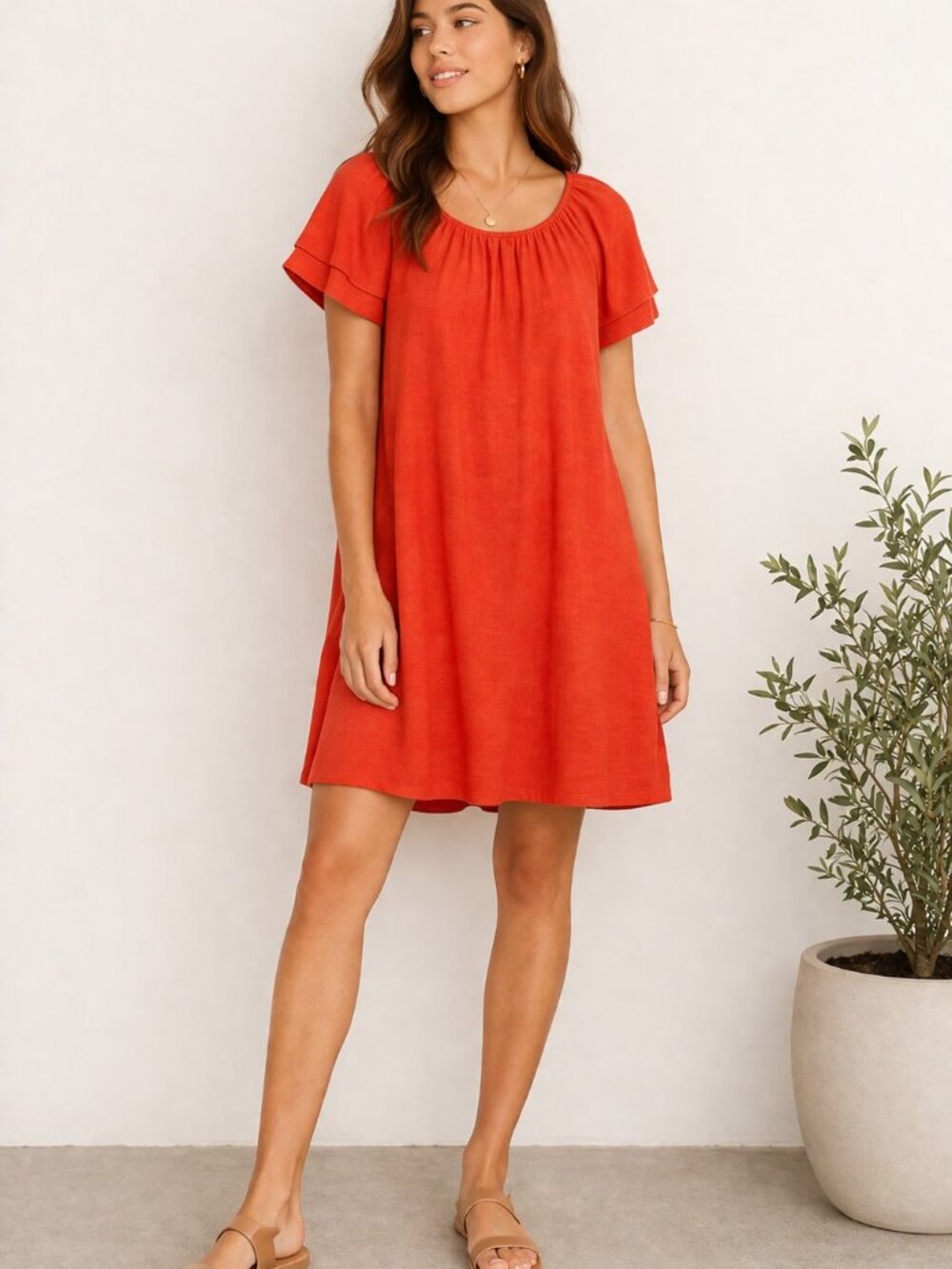 Madewell Dress Woman Medium Orange Red Texture Thread Tiered-Sleeve Swing Shift